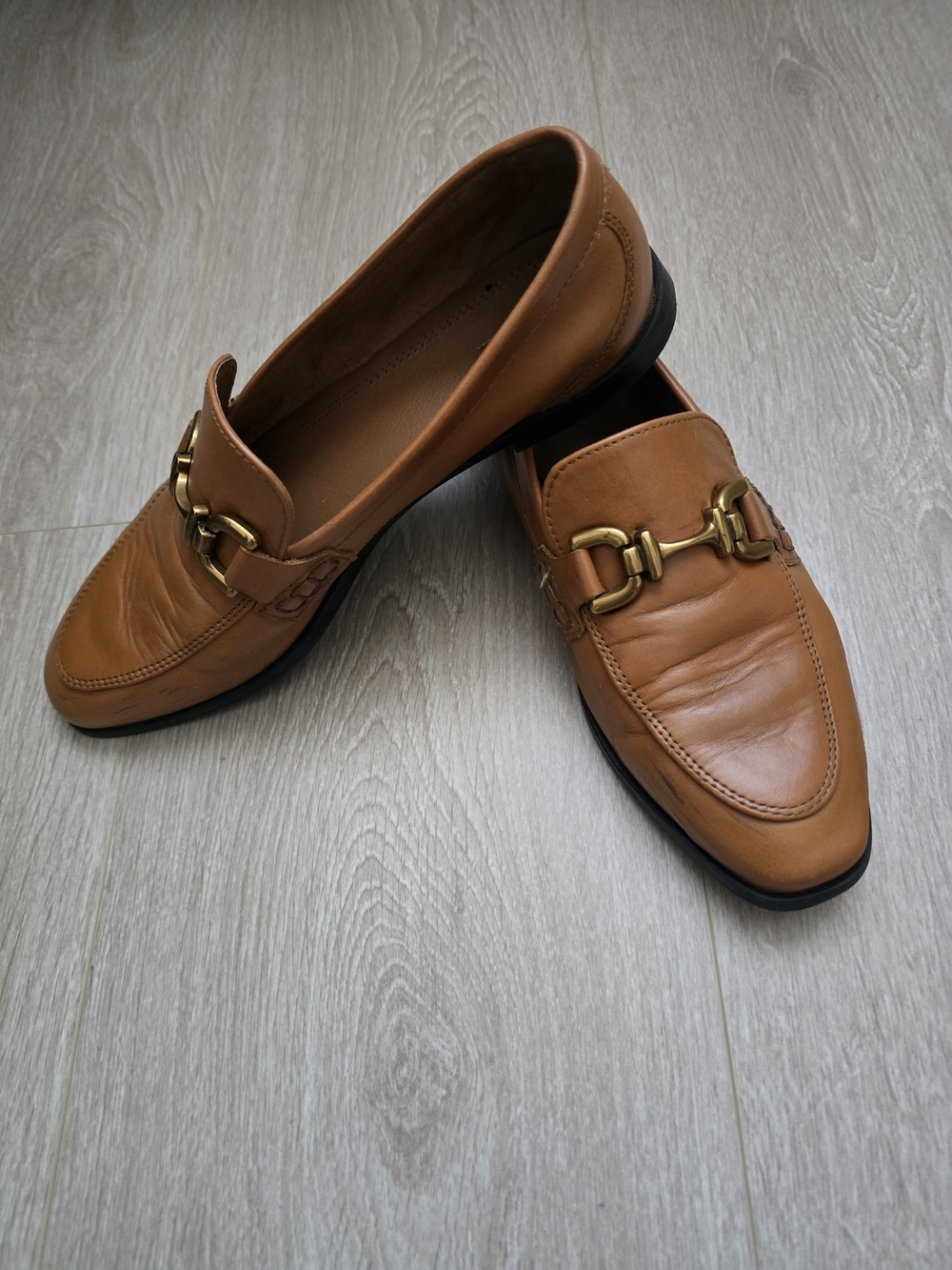 Zara Cognac Leather Loafers with Gold Bit Sz 37
